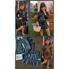 roupa conjunto infanto juvenil menina couro fack jacketa con ciper e short saia con cinto e fivela e botoes couro