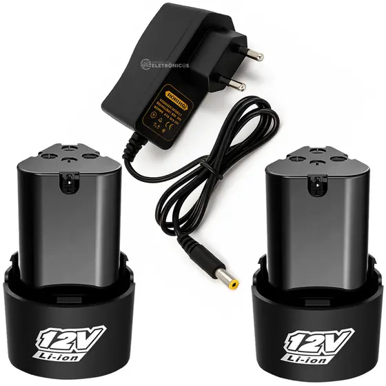 Fonte de Alimentação + 2 Baterias 12V 1.3Ah para Parafusadeiras e Ferramentas Profissionais – KIT101
