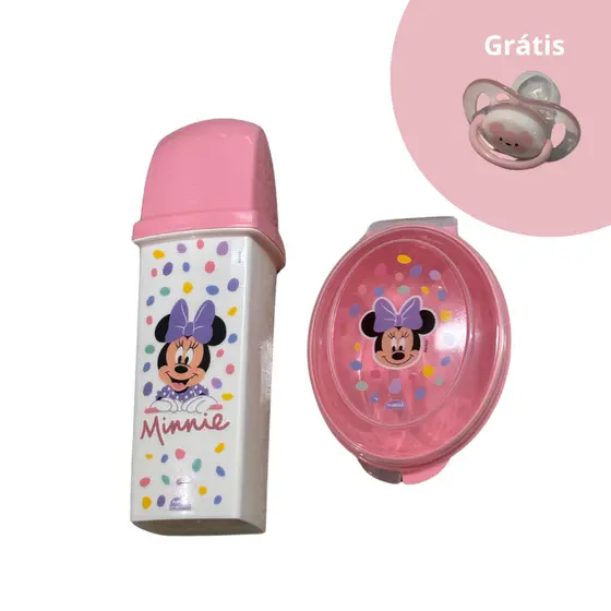 kit de Higiene Para Bebê Porta Sabonete Porta Escova + Chupeta Silicone Infantil Minnie