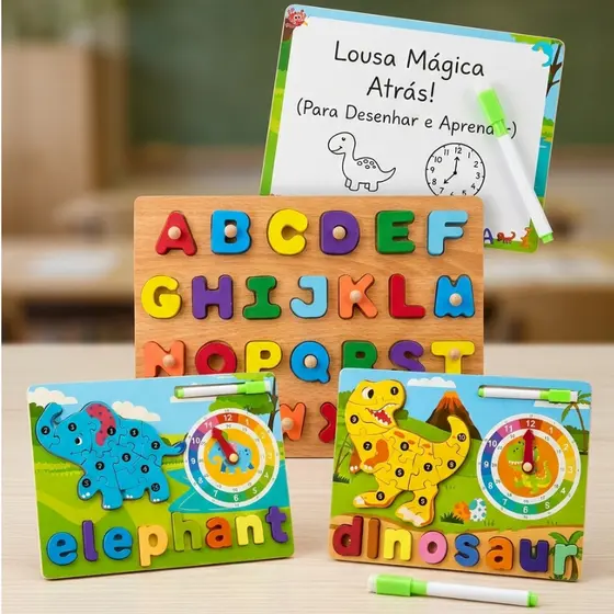 Kit Educativo 3 em 1 Alfabeto em Madeira, Quebra-Cabeça Animal e Lousa Mágica