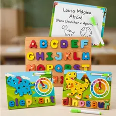 Kit Educativo 3 em 1 Alfabeto em Madeira, Quebra-Cabeça Animal e Lousa Mágica