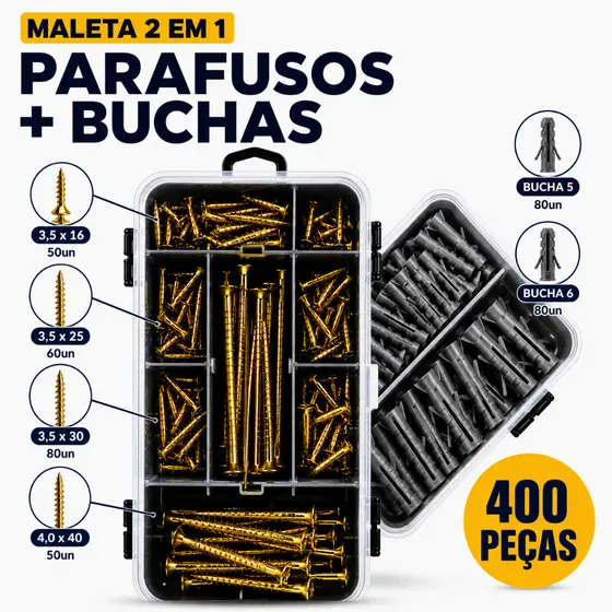 Kit 400 Peças Parafusos e Buchas com Estojo Organizador 2 em 1 Fixação Madeira Parede Casa Multiuso