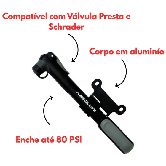 Bomba De Mão Absolute Nero 80PSI Bike Válv. Presta/Schrader