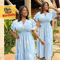 Vestido Longo Plus Size Festa Casamento Bordado Crepe Duna Estampado Elegante Moda Verão 48 ao 54