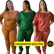 Conjunto de Frio Feminino Malha Lanzinha plus size blusa com manga 3/4 inverno