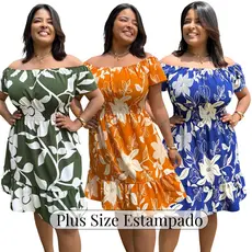 Vestido Curto Plus Size Ciganinha Feminino Estampado Ombro à Ombro Tecido Duna