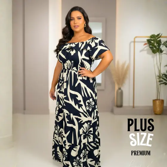 Vestido Longo Plus Size Estampado Ciganinha Ombro a Ombro Tecido Duna Levinho Festa