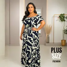 Vestido Longo Plus Size Estampado Ciganinha Ombro a Ombro Tecido Duna Levinho Festa
