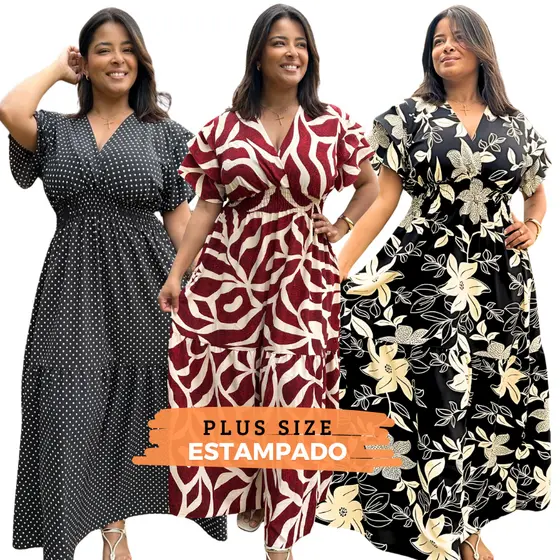 Vestido Longo Plus Size Feminino Elegante Confortável Saia Solta Manga Crepe Duna 48 ao 54