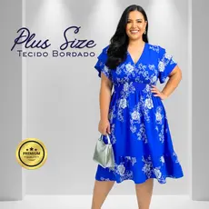 Vestido Plus Size Curto Midi Feminino Festa Bordado Floral