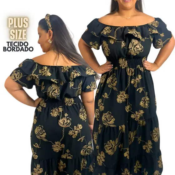 Vestido Longo Plus Size Ciganinha Festa Moda Verão Casamento Elegante Duna Bordado G1 G2 G3