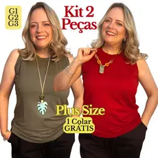 Kit 2 Blusas Regata Feminina Plus Size G1 G2 G3 | Viscolycra Básica Acompanha Colar de Brinde