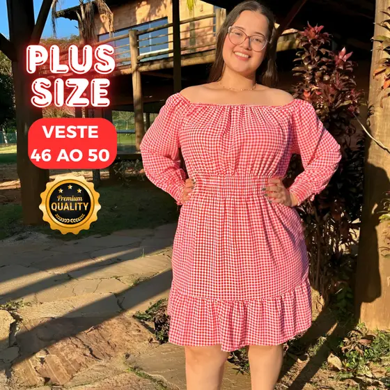 Vestido Feminino Plus Size  Curto Xadrez Tendência Manga Longa Ciganinha Moda Festa Elegante