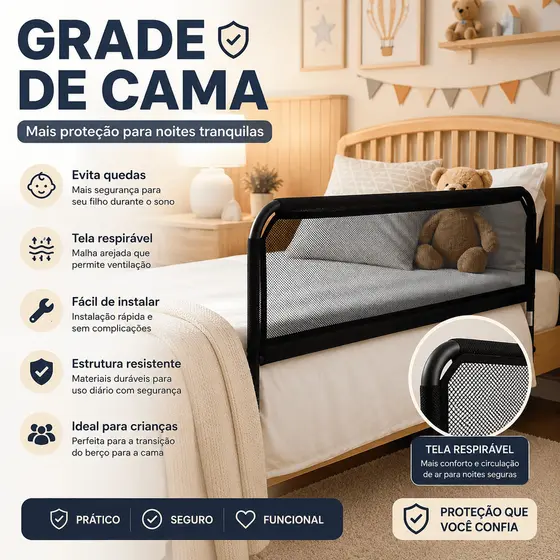 Grade de Proteção Cama Preta Antiqueda Sem Furação Bebê Criança 94cm Universal Resistente