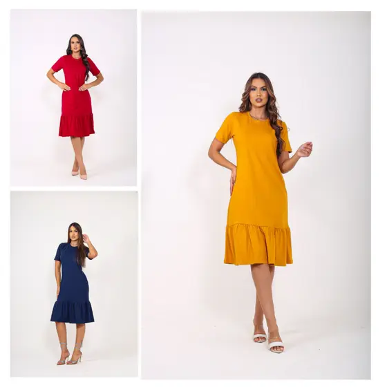 VESTIDO COM BABADO MALHA ALGODÃO MANGA CURTA MODA CASUAL CHIQUE VERSÁTIL