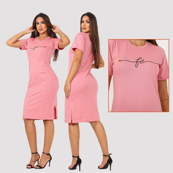 Vestido Fenda Lateral Malha Algodão Com Silk Manga Curta Moda Casual Tendência