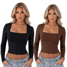 Kit Com 2 Blusas Feminina Manga Longa Decote Quadrado Halter Suplex Moda Casual Inverno Frio