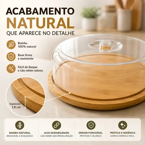 Boleira Porta Bolo Bambu Com Tampa Cúpula Em Acrílico 28cm