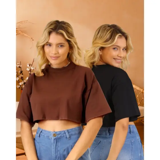 Kit 2 Cropped Camiseta Feminina P ao GG Blusinha em Algodão Premium Básica  Várias Cores