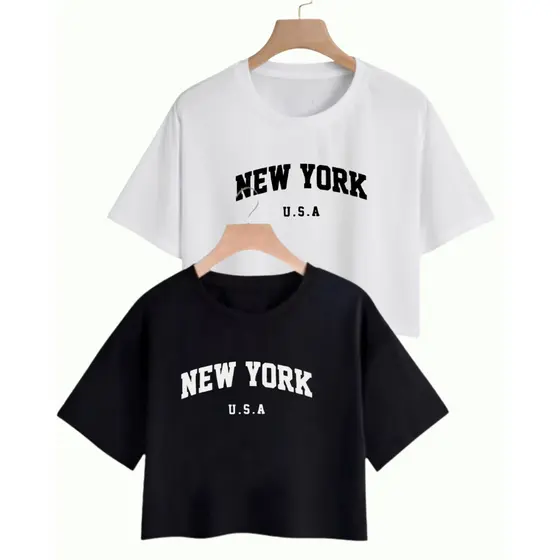 Kit 2 Cropped Camiseta Feminina  New York Blusinha em 100% Algodão Várias cores -Envio Imediato