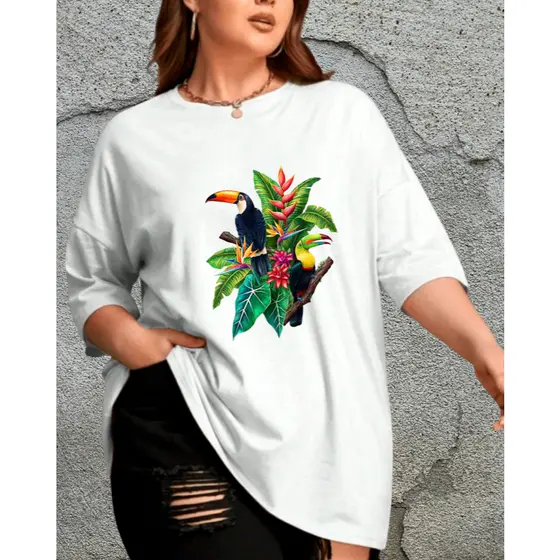 Camiseta Feminina Plus Size  Estampa Tucano Algodão Estilosa  G1 G2 G3 G4 Básica Várias Cores