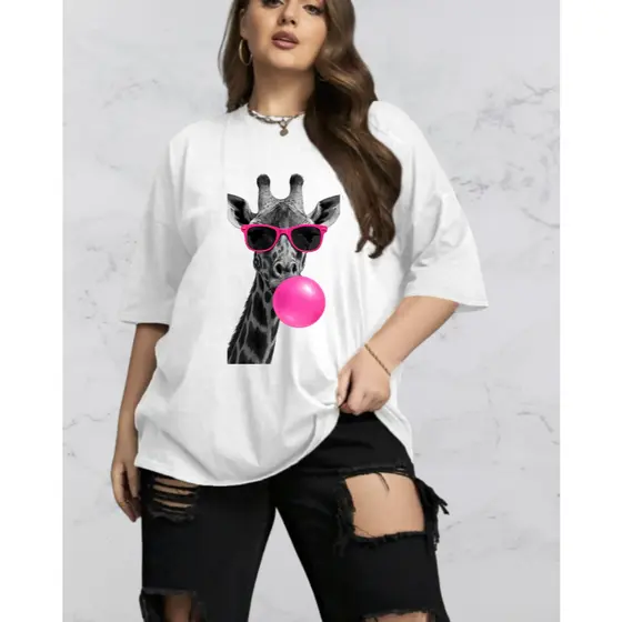 Camiseta Feminina Plus Size Estampa Girafa Camisa  Algodão  G1 G2 G3 G4 Básica Várias Cores