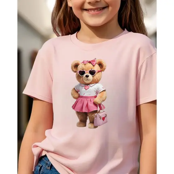 Camiseta Infantil Menina Estampa Ursinho Algodão Premium 2 ao 14