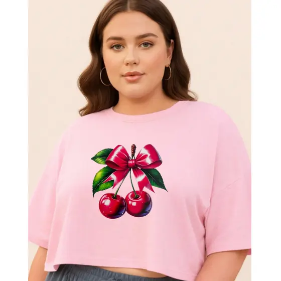 Cropped Feminino Plus Size Estampa CEREJA Blusa Curta Manguinha G1 G2 G3 G4 tendência