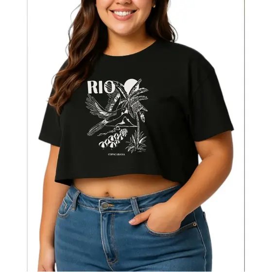 Cropped Feminino Plus Size Estampa RIO Blusa Curta Manguinha tendência G1 G2 G3 G4