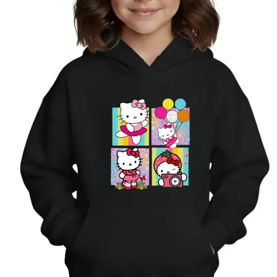 Blusa Moletom Infantil Estampa Hello Kitty Menina Canguru Casaco Inverno 4 ao 14