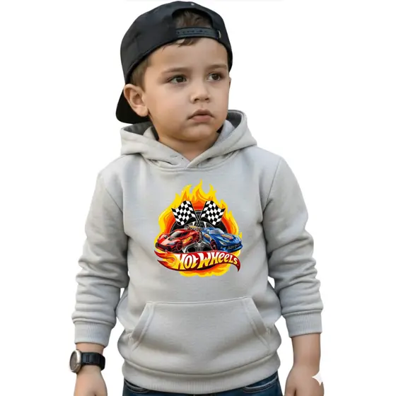 Blusa Moletom Infantil Estampa Hot wheels Masculino Capuz Bolso Canguru Casaco Inverno 4 ao 14