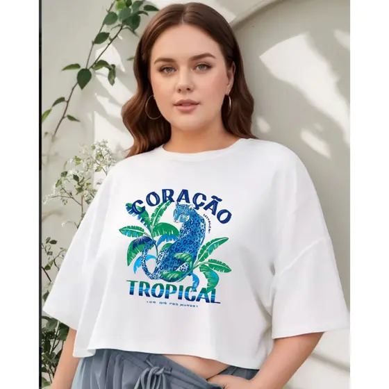 Cropped Feminino Plus Size  SELVA Tropical  Blusa Curta Manguinha G1 G2 G3 G4 Tendência