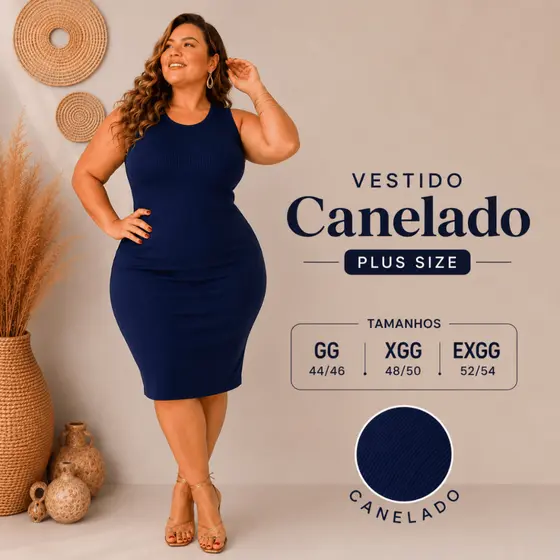 Vestido Regata Canelado Plus Size Midi Tubinho Toque Macio Casual Elegante Inverno Dia a Dia