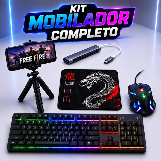 Kit Mobilador Completo Gamer Teclado Mouse RGB Hub Usb Tipo C Free Fire Android OTG Tripé Flexível