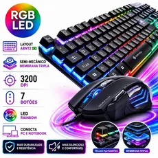 Kit 2 em 1 Teclado Gamer Semi Mecânico + Mouse 3200 DPI 7 Botões Led Rgb Usb Português/BR Pc Ps4 Rainbow Ergonômico FULL