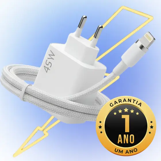 Carregador Turbo 45W USB-C para iPhone Fonte Rápida com Cabo Lightning Original Duplo USB-C Apple
