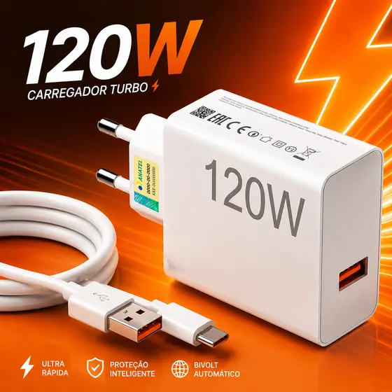 Carregador 120w Turbo Xiaomi Redmi Android Original Fonte Rápida Com Cabo Tipo C Para Lightning