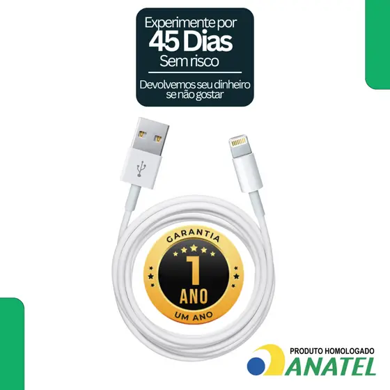 Kit Cabo iPhone USB Tipo A Lightning 1 Metro Carrega e Transfere Dados 11 12 13 14 Pro Max XR Plus