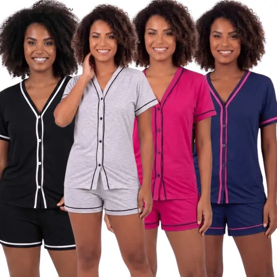 Pijama Feminino Curto Aberto Botão Manga Curta Short Malha PV Adulto Macio Gestante Amamentação Verão