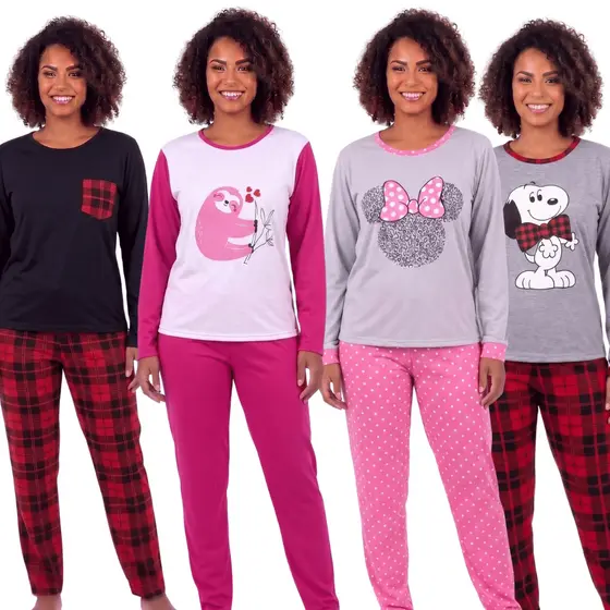 Pijama Feminino Longo Inverno Manga Longa Quentinho Estampado Adulto Conjunto Blusa Calça Malha Macio