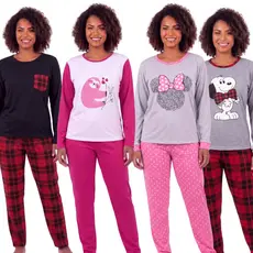 Pijama Feminino Longo Inverno Manga Longa Quentinho Estampado Adulto Conjunto Blusa Calça Malha Macio