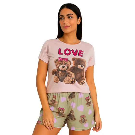 Pijama Feminino de Verão com Estampa de Ursinhos