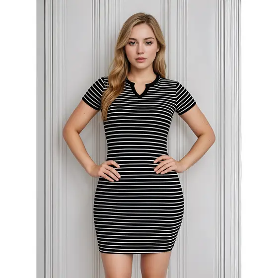 Vestido Midi Listrado Com Decote V E Gola Polo Feminina