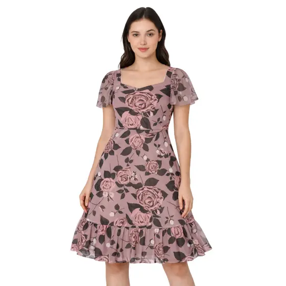 Vestido Midi Feminino com Tule Floral e Babado Elegante