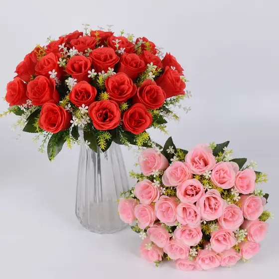 Kit C/2pcs, 2 Buquê de Rosas com Folhagem C/48 Flores, Buquê de Noiva, Buquê de Casamento MT Cores