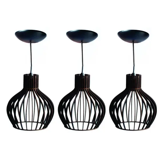 Kit com 3 Pendente Luminaria PP Preto com fio Lustre de Sala Decorativo UD