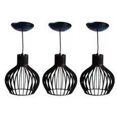 Kit com 3 Pendente Luminaria PP Preto com fio Lustre de Sala Decorativo UD