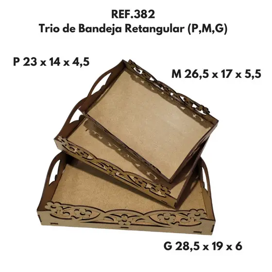 Trio de Bandeja Decorativa com Alça Retangular em Mdf UD