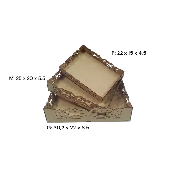 Kit 3 bandejas retangular em MDF decorativa, organizadora