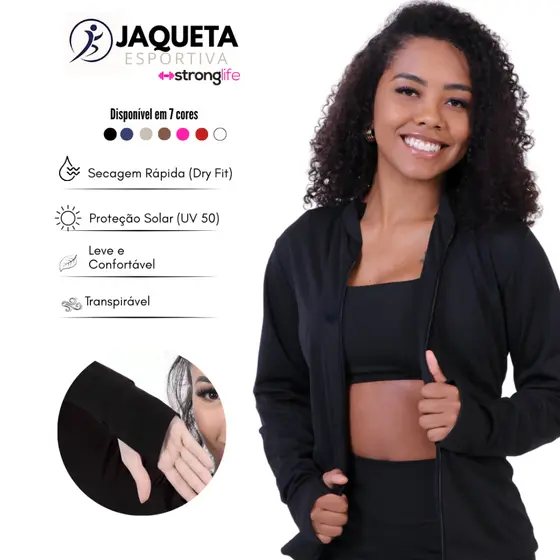 Jaqueta Casaquinho Feminino Esportiva DryFit com Proteção-Solar, manga longa, dedeira para Treino e Academia e Corrida